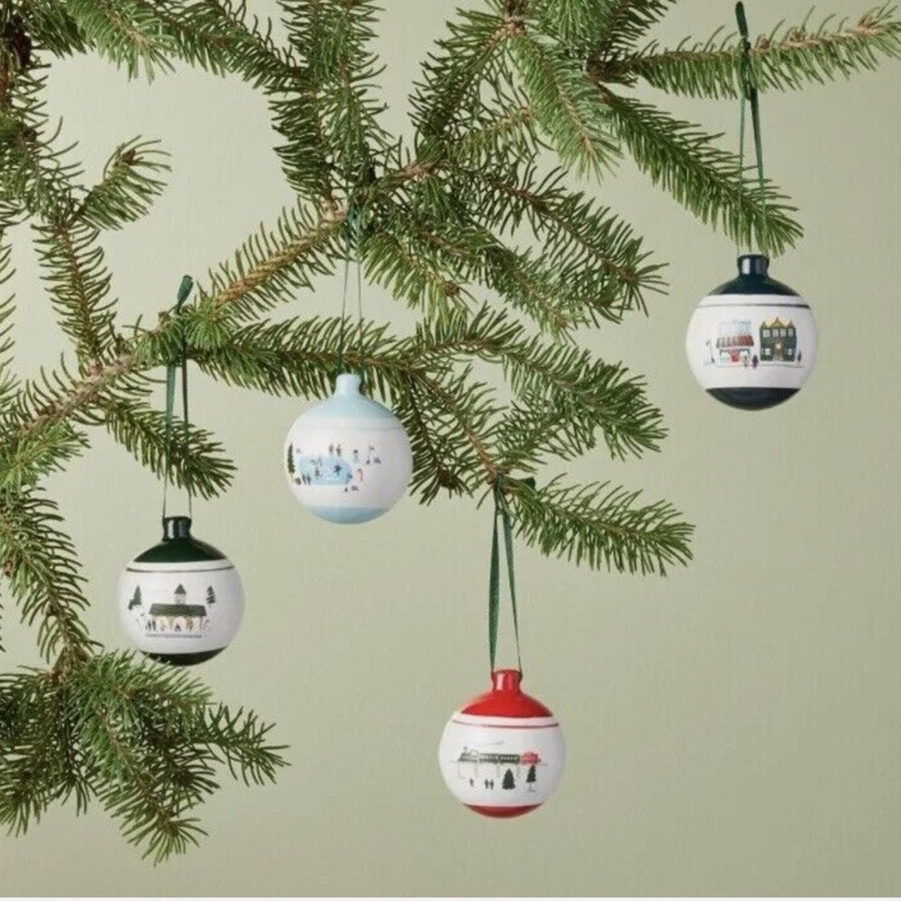 Hearth & Hand Ceramic Winter Scene Ball Form Ornament Set of 4